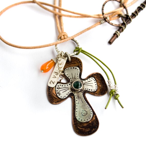 Rustic Copper Cross Necklace Aventurine Stone by indiaylaluna