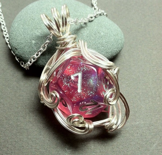 Gamer Girl Pink D12 Die Necklace Steampunk by sojourncuriosities