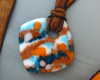 Fused Glass Donut Pendant, Stone Look Glass Pendant, Southwest Glass Donut, Hand Painted Ribbon and Glass Necklace