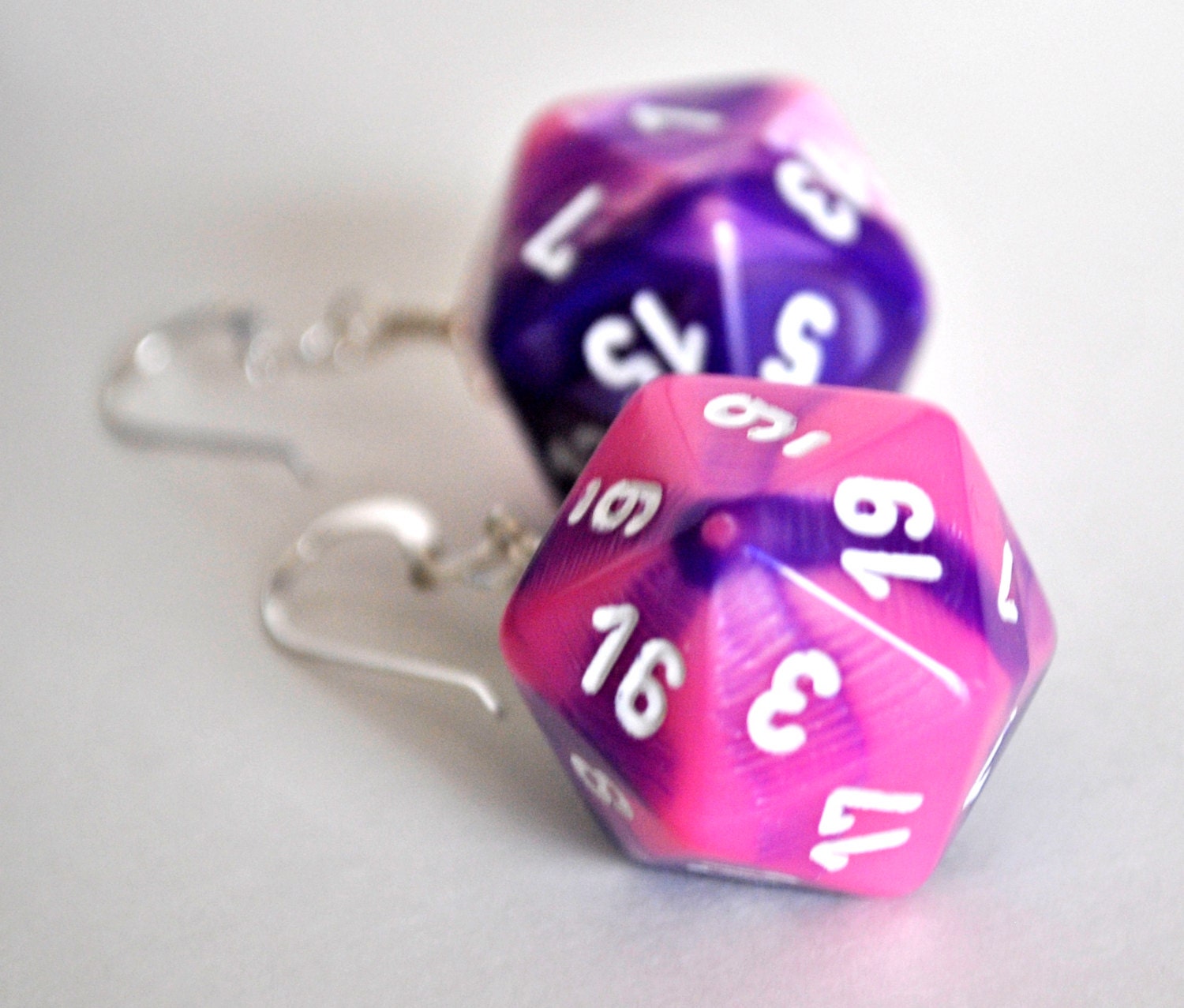 Dice Earrings D20 Twenty Sided Dice Pink and Purple Swirl
