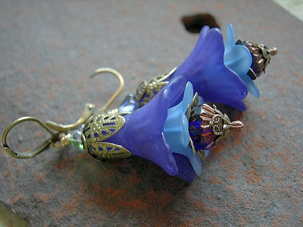 Purple & Blue Flower Earrings .Cobalt Glass by ElksongJewelry