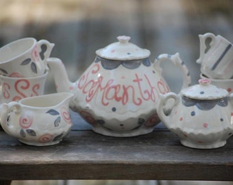 Pink and Gray Tea Party Elegant Little Girls China Tea Set, Handpainted, Custom, Personalized