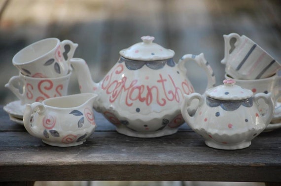 Pink and Gray Tea Party Elegant Little Girls China Tea Set, Handpainted, Custom, Personalized Il_570xn