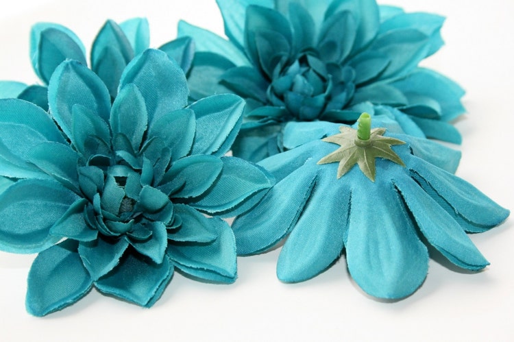 silk flowers 4 Small Dahlias in Teal Blue by SimplySerraFloral