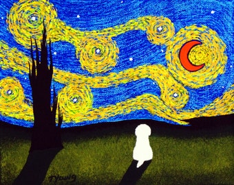 Maltese Dog Bichon Frise Shih Tzu Folk art print by Todd Young painting STARRY SKY