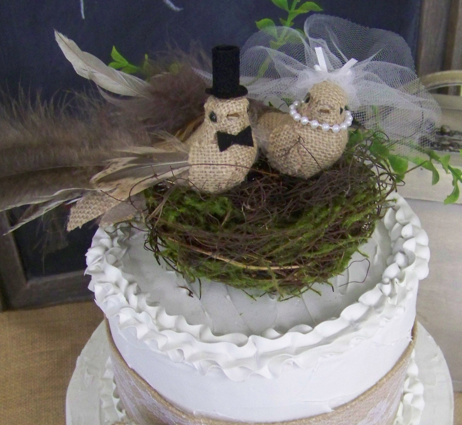 Bird Cake Topper and Twig Moss Nest Wedding Cake Topper