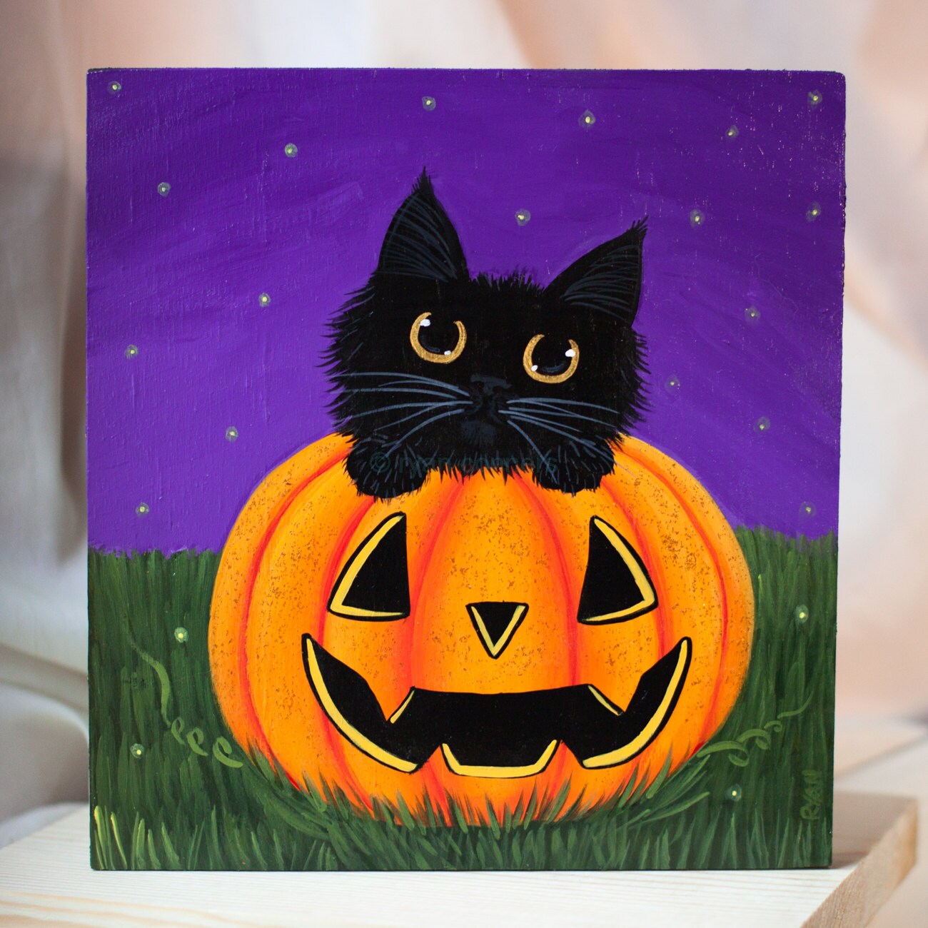 Black Cat in a Pumpkin Original Halloween Folk Art Painting