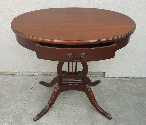 Antique 1920s Oval Flame Mahogany Mersman Side Table 7211 with