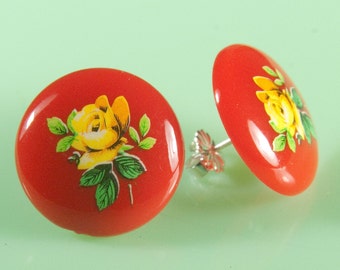 Vintage Yellow Rose Button Post Earrings