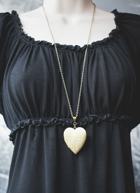 Heart locket necklace vintage long chain textured by BotanicalBird