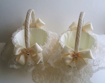 Pair of Wedding Flowergirl Baskets Handmade Nuance with Lace Skirt Choose White or Ivory
