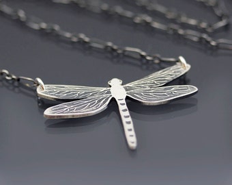 Etched Sterling Silver Dragonfly Necklace - Oxidized Nature Jewelry