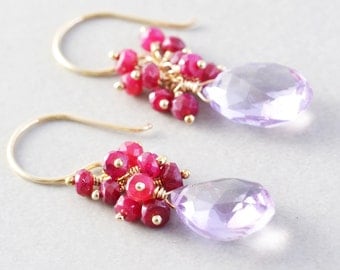 Amethyst Ruby Cluster Earrings, July Birthstone Earrings, Handmade