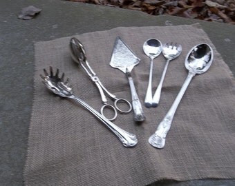 Vintage Silver Flatware Silver Cake Knife Pastry Tongs Spoon Wedding Decor Table Settings French Country Cottage Chic Prairie 6 Piece Set