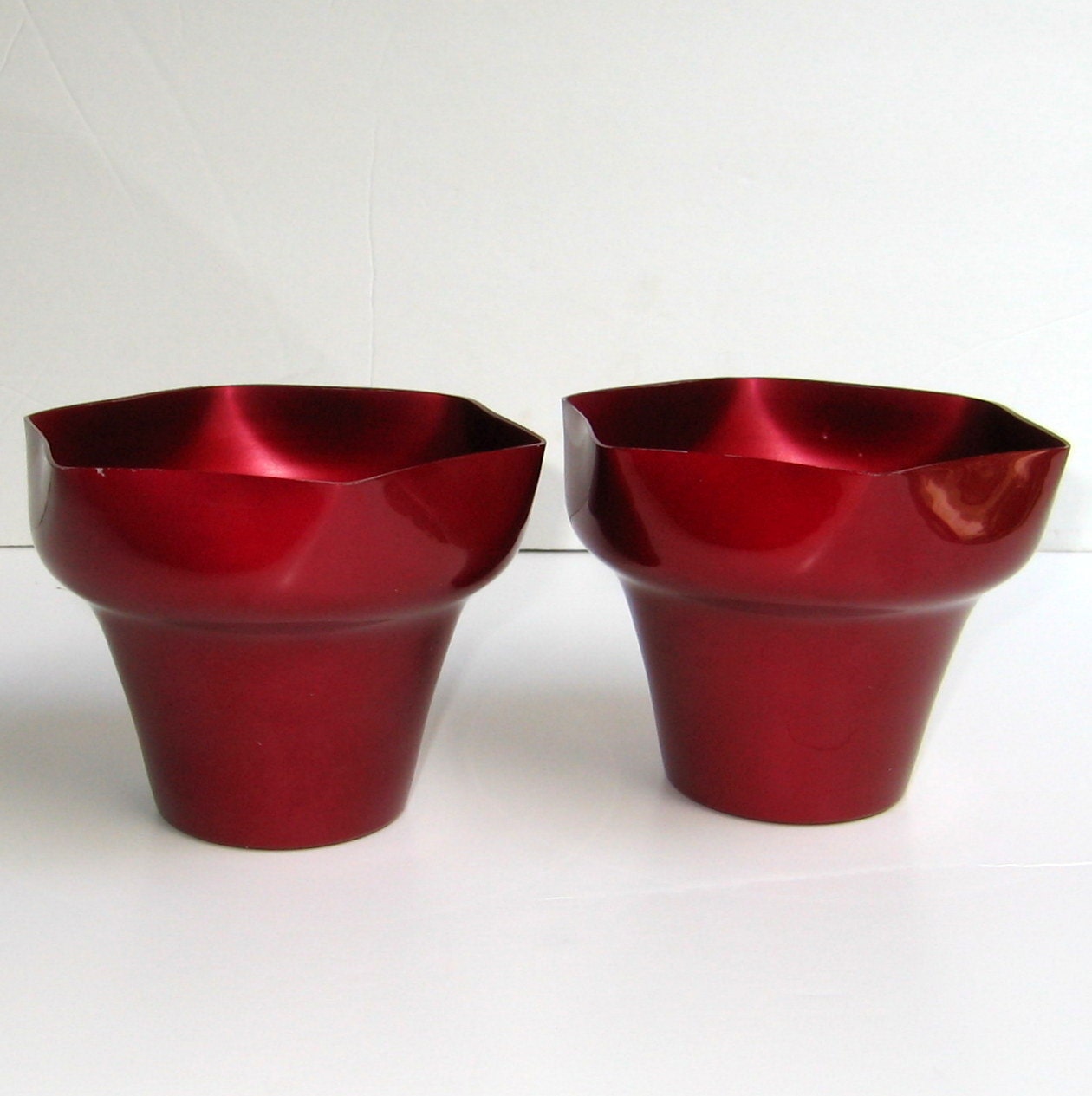 Red Anodized Aluminum Flower Pots Serving Bowls Pair Vtg