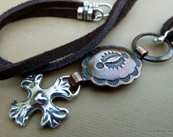 Sterling Silver Mission Cross Necklace / Copper Navaho Concho / Brown Rawhide Leather / Southwestern Heart / Urban Cowgirl / *Prairie Wind