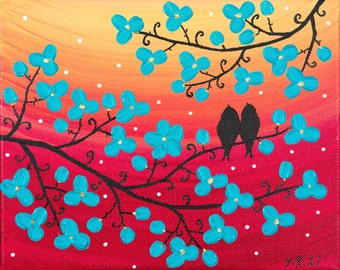 Birds painting Turquoise flowers red yellow wall art wall decor Impasto Palette Knife Acrylic painting on canvas gift for her by qiqigallery