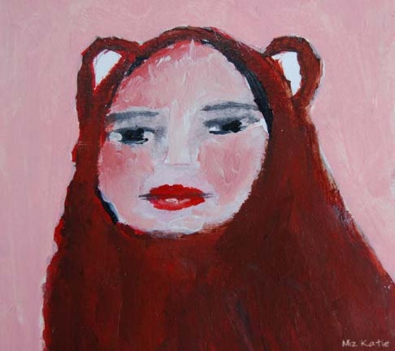 Acrylic portrait painting, Pretty Mama Bear, Girl, Pink, Brown, Original, Watercolor Paper
