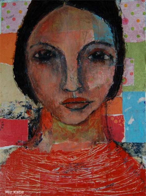 Acrylic Portrait Painting Collage 9x12 That Look, Original, Mixed Media, Girl, Piercing Eyes, Face, Orange, Colorful