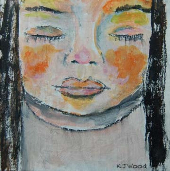 Acrylic Collaged Portrait Painting, Sleepy Sarah, Young Girl, Eyes Closed, Orange Cheeks, black hair, 4x4 mini art chipboard