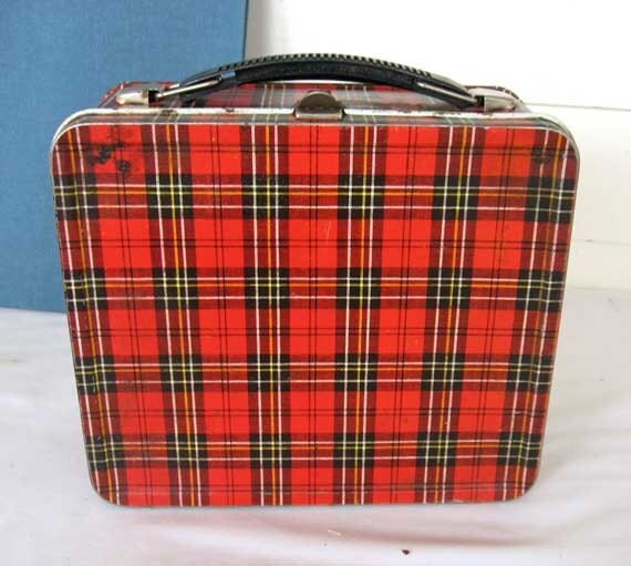 Vintage 1950's Red and Black Plaid Metal Lunch Box