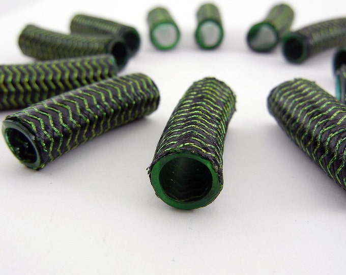 12 Woven Over Acrylic Tube Beads Chevron Design Black and Sage Green