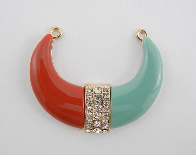 Red and Turquoise Acrylic Crescent Horn Shaped Tribal Pendant Rhinestones Gold-tone