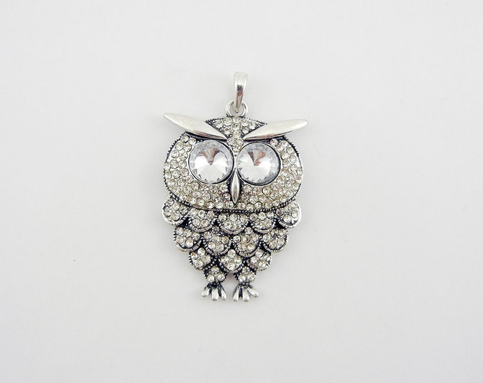 Antique Silver-tone Rhinestone Owl Pendant