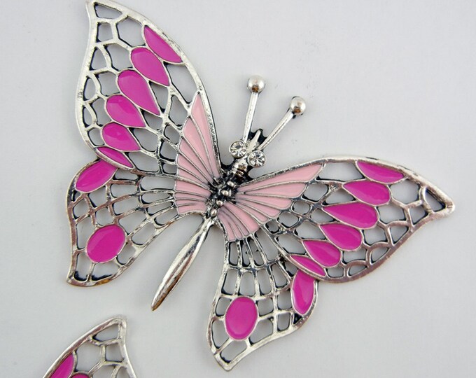 Large Silver-tone Butterfly Pendants Pink Epoxy Rhinestone Eyes