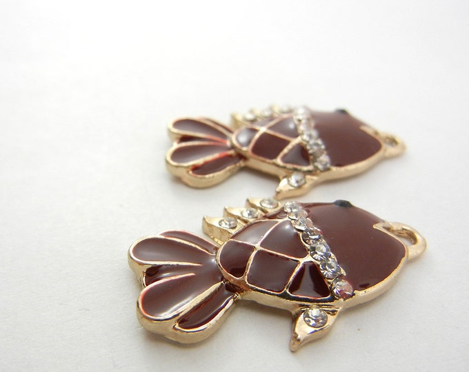 Pair of Gold-tone Brown Epoxy Rhinestone Fish Charms