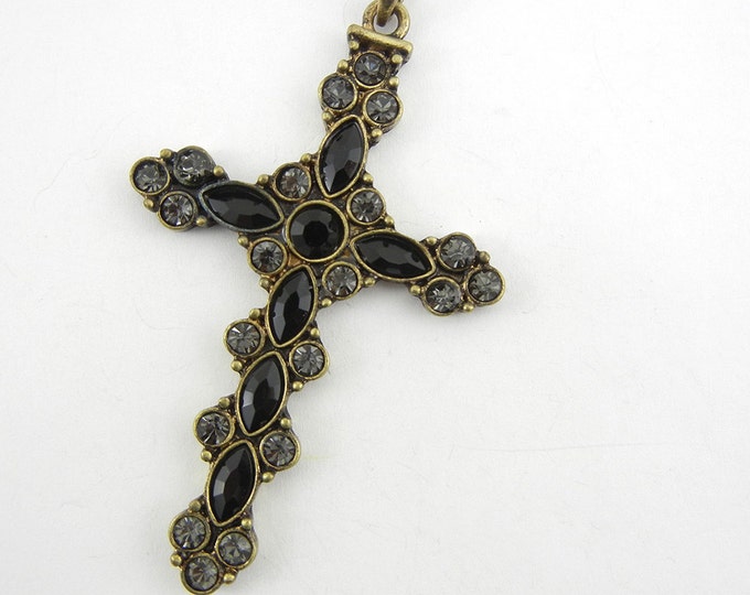 Burnished Gold-tone Gray and Black Rhinestone Encrusted Cross Pendant