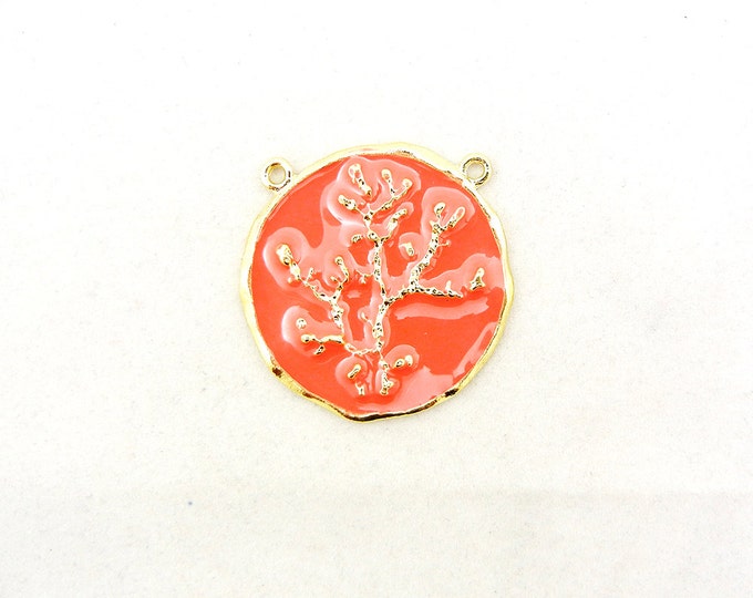 Round Double Link Gold-tone Coral Branch Pendant with Coral Epoxy