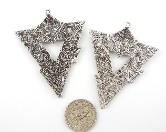 Pair of Large Burnished Silver-tone Textured Triangle Drop Charms Rhinestones