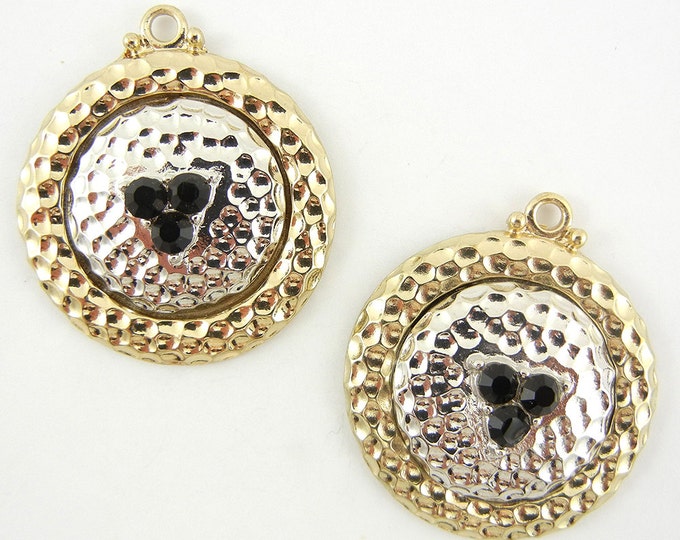 Pair of Round Textured Two Tone Charms Black Rhinestones