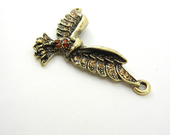 Double Link Flying Eagle Bird Pendant Topaz Rhinestones Burnished Gold-tone