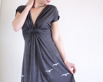Gray Jersey Dress . Womens Midi dress, Day dress, Casual knee length dresses, Gray Jersey Dress with Twisted Front V neck- Flying Birds
