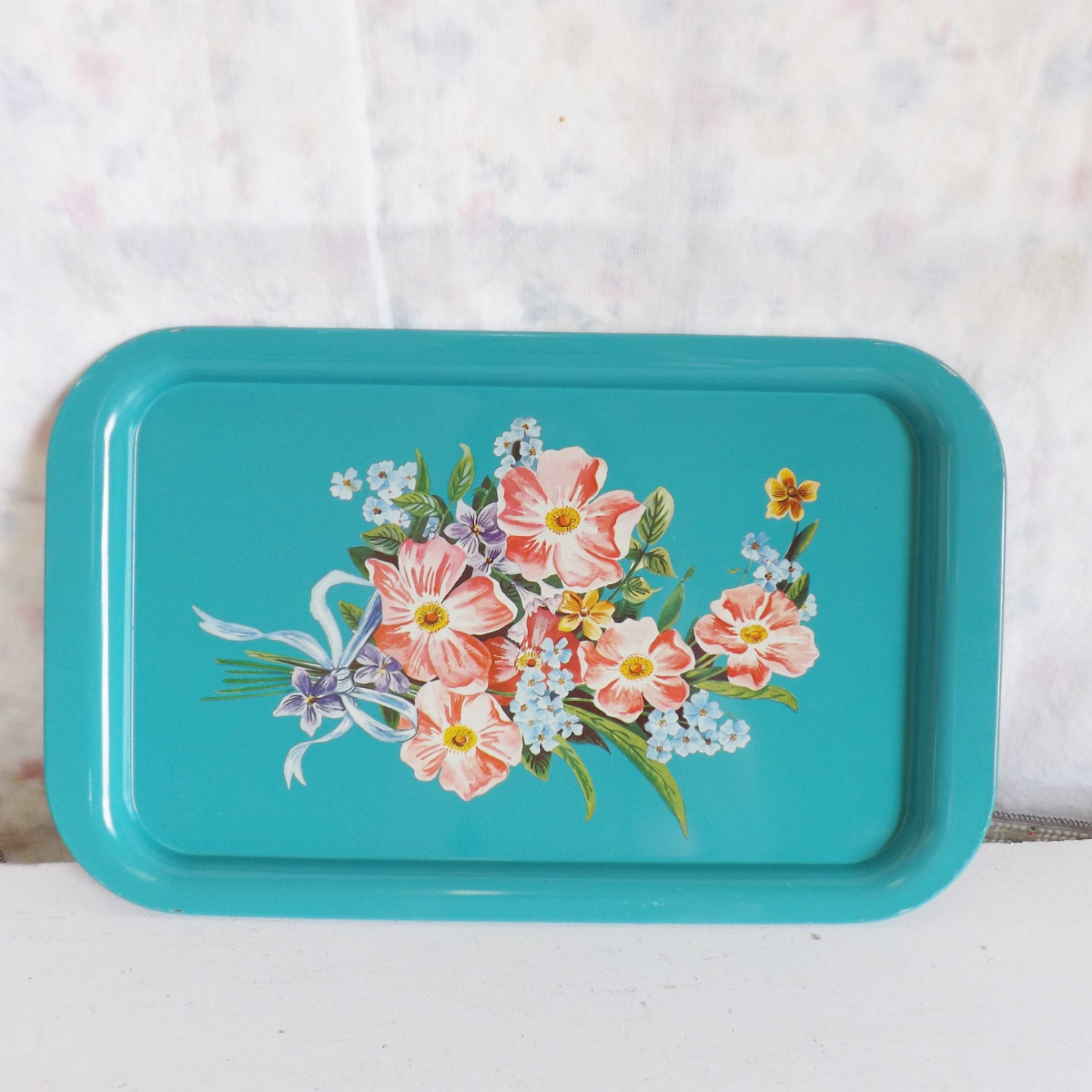 Vintage floral metal tray aqua blue with bouquet of flowers