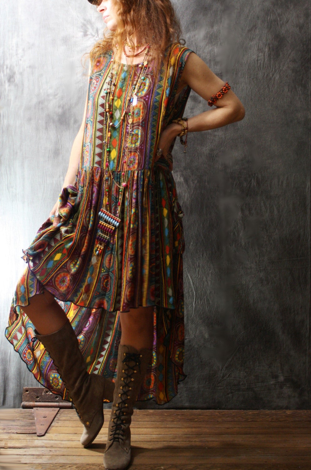 Vintage Dress 1980s Bohemian Gypsy Carnival Fishtail Dress Gypsy Boho Dress