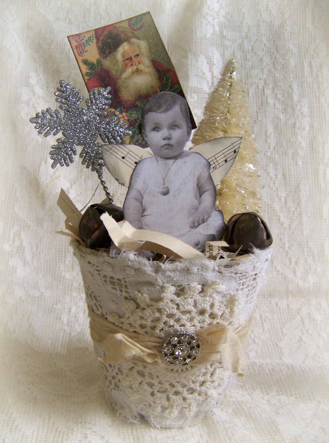 Handmade Winter White Christmas Decoration Vintage Christmas Decor Shabby White Peat Pot Vintage Christmas Bird