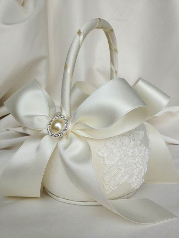 Ivory Flower Girl Basket Ivory Alencon Lace by weddingsandsuch
