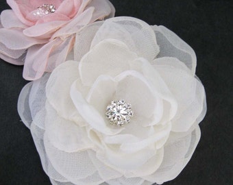 Bridal hair flower set, Ivory Blush, Organza Rose hair set G061 - bridal hair accessory