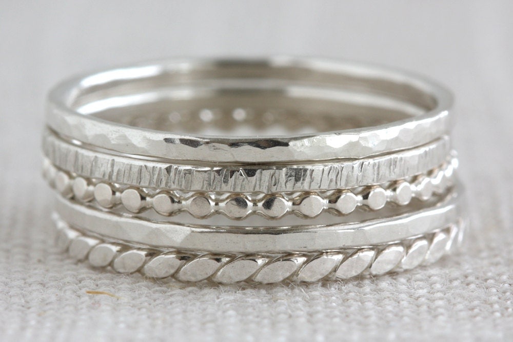 Set of Five Sterling Silver Textured Stack Rings