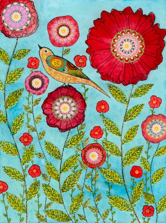 Red Flower Painting Bird and Flower Collage Painting Art