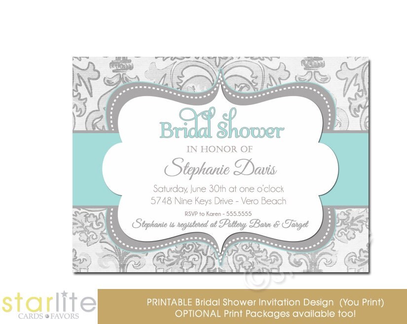 Turquoise Gray Bridal Shower Invitation Grey Damask by starwedd