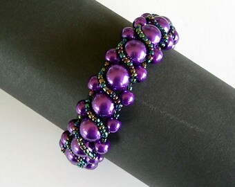 Flat+Spiral+Beading+Stitch ... Purple Glass Pearls and Black AB Glass Seed Beads Spiral Stitch
