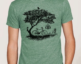 Men's graphic tee, bicycle t-shirt, unisex t-shirt, bicycle, tree, birds t-shirt, Art T-shirt, Cool t-shirt, Gift
