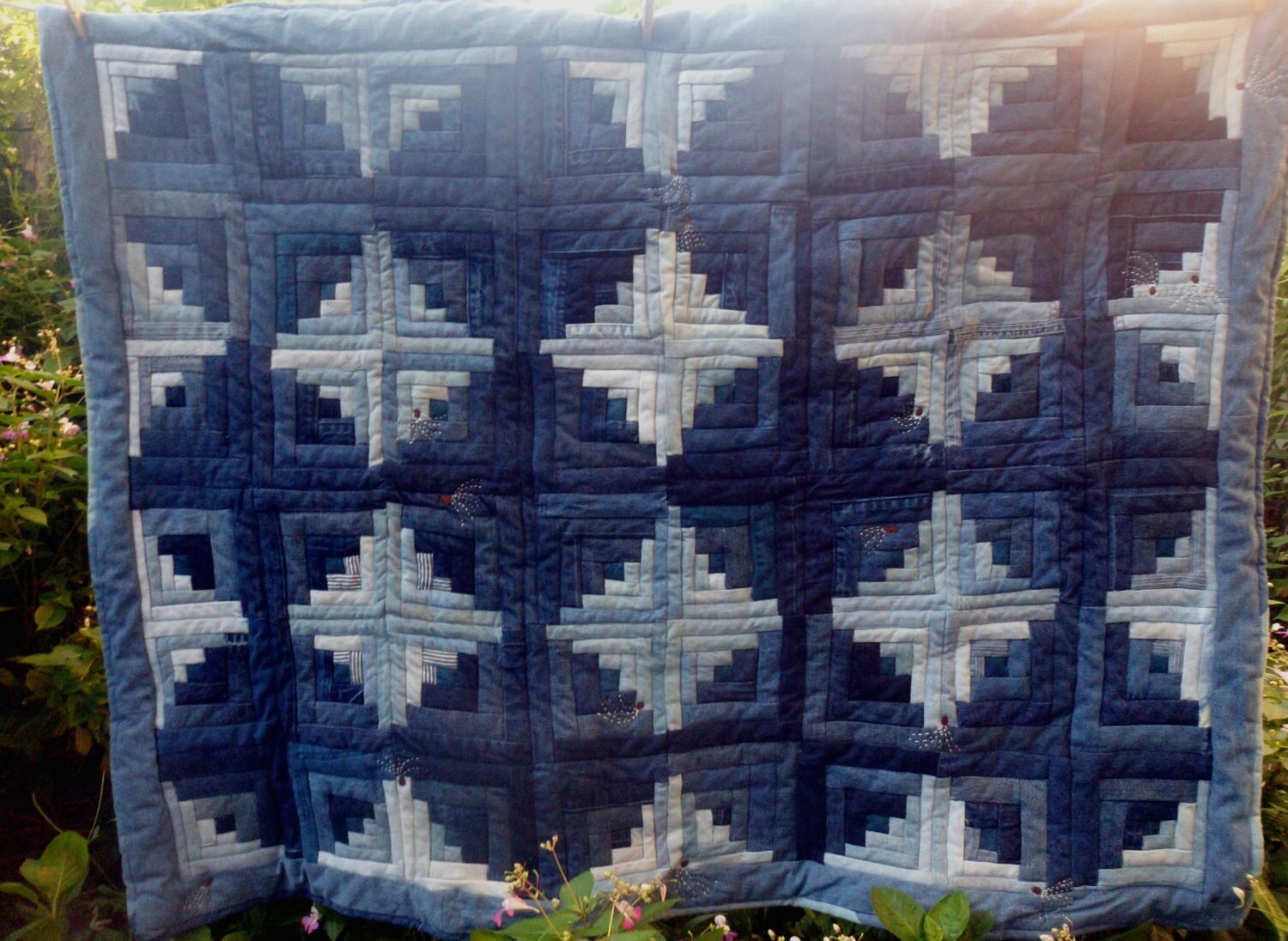 Blue Jean Quilt Log Cabin Circles Upcycled Denim Blue and