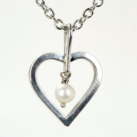 Sterling Silver heart necklace with cultured pearl drop Pearl