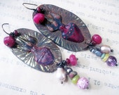 The Miracles. Handmade painted milagro rustic tin earrings with hot pink fuchsia.