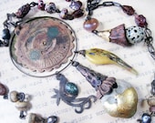 The Time Eaters. Rustic victorian tribal assemblage necklace. Gemstones art beads, beach stones, gold leaf, found object recycled.